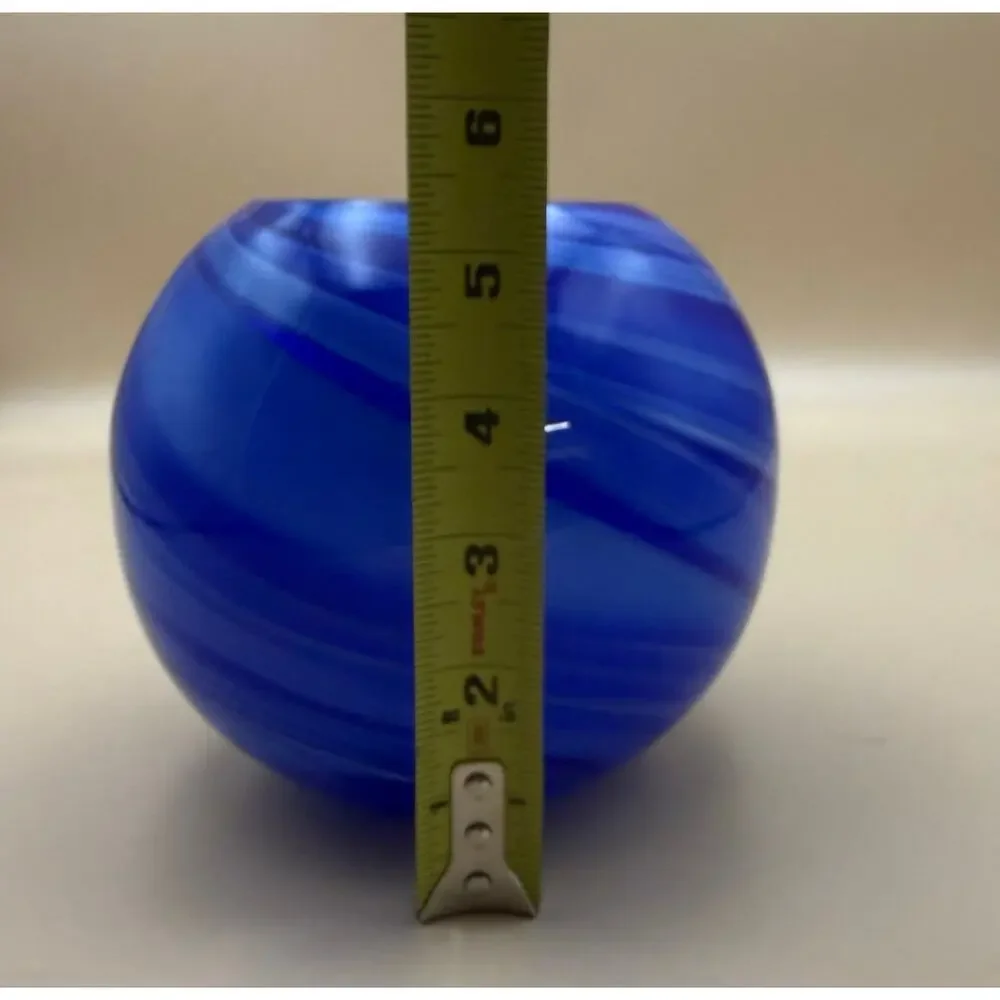 Hand Blown Cobalt Blue Swirl Art Glass Orb Vase Round Studio Glass 5.5”